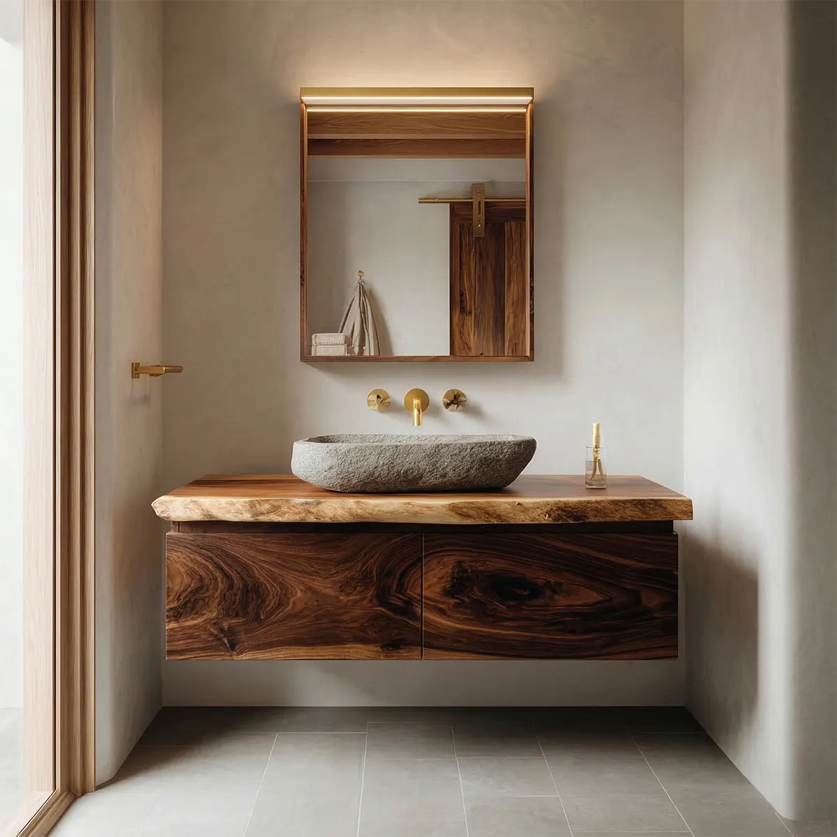 Floating Traditional Bathroom Vanity Cabinet in Natural Solid Wood - Rustirawood
