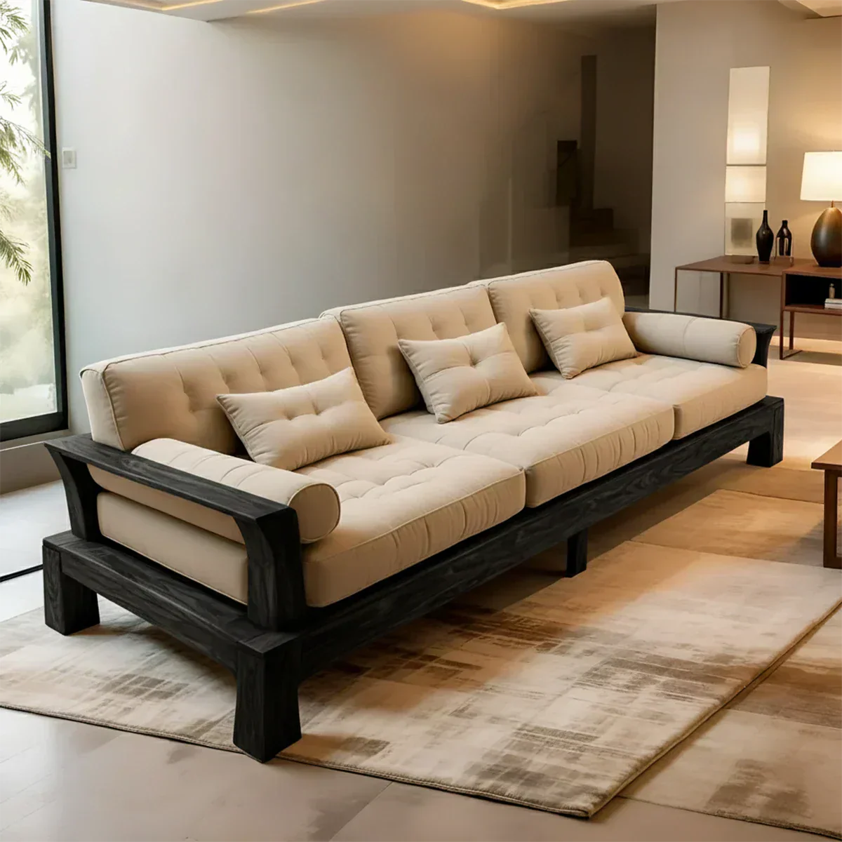 Handcrafted Solid Wood Cotton Sofa – Minimalist Rustic Modern Style - Rustirawood