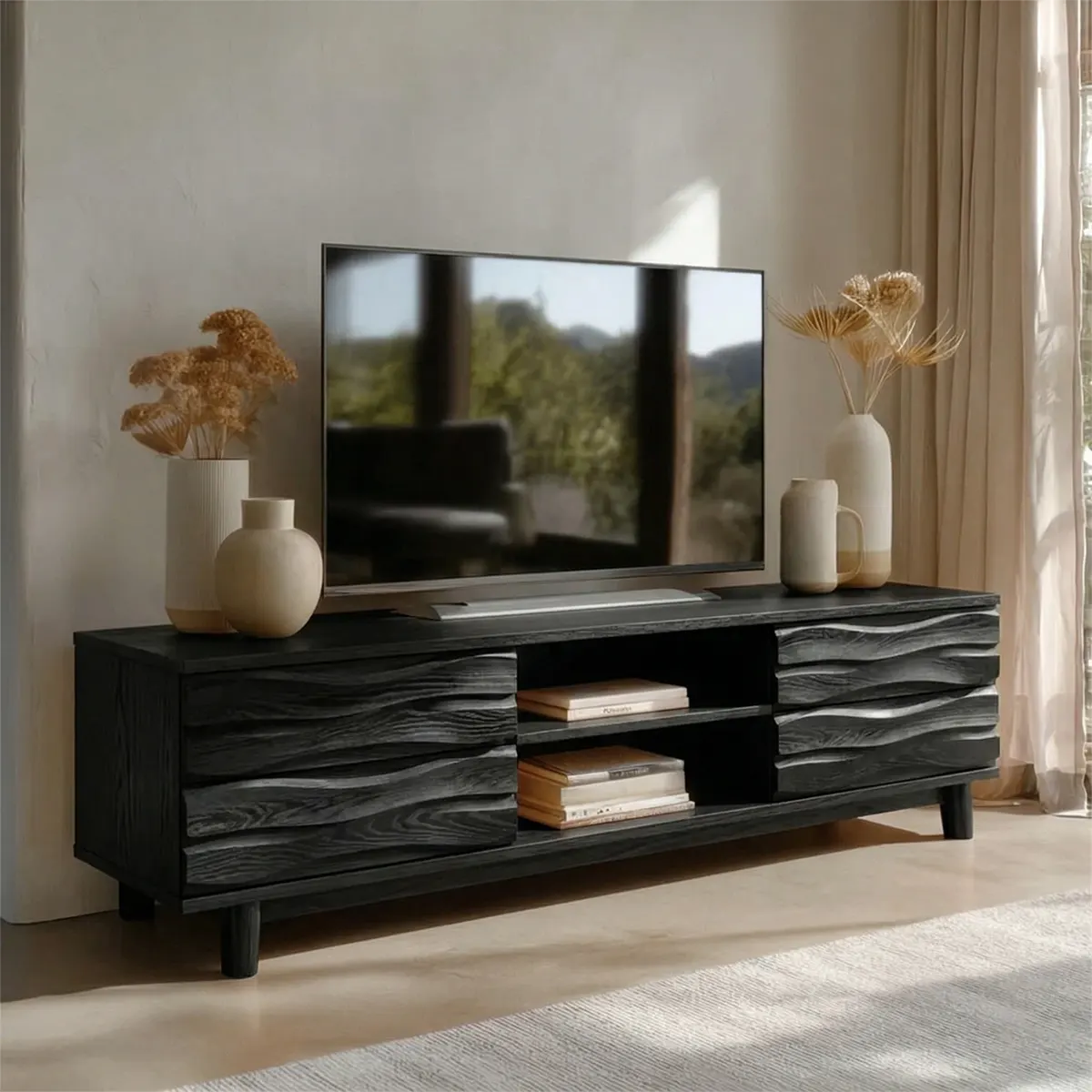 Handcrafted Solid Wood TV Stand with Sculpted Wave Drawers and Center Open Shelving - Rustirawood