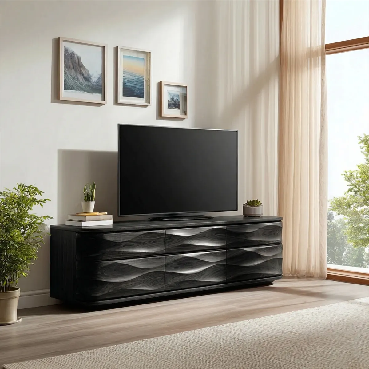 Handcrafted Solid Wood TV Stand with Sculpted Wave Drawers and Full Storage Cabinet - Rustirawood