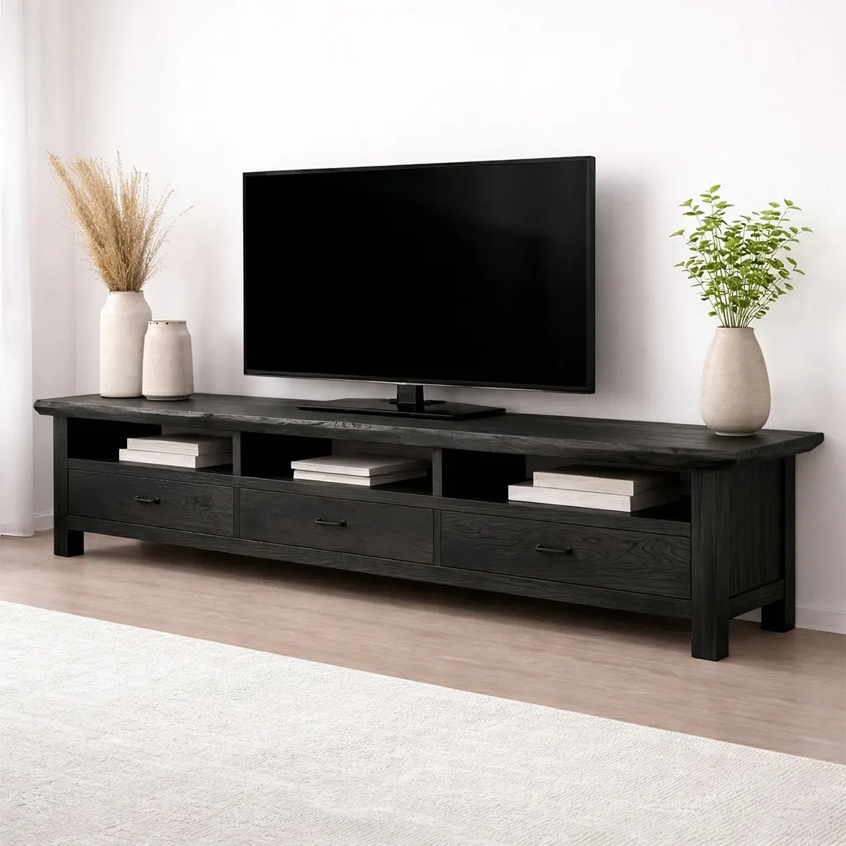 Handcrafted Solid Wood TV Stand with Spacious Drawers and Open Media Storage - Rustirawood