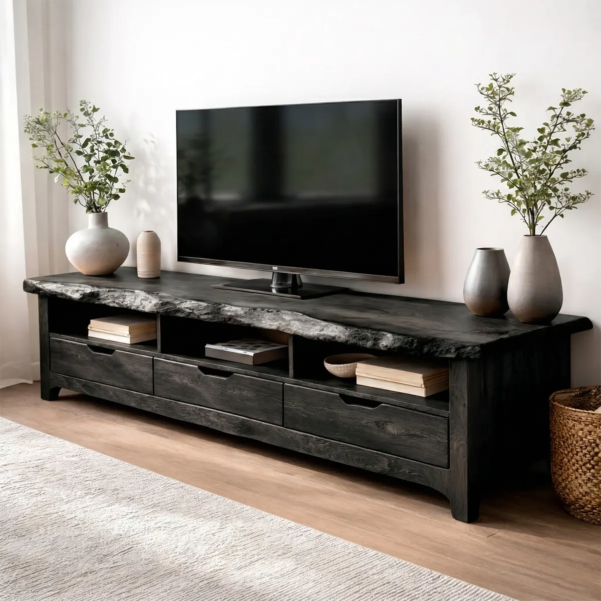Live Edge Solid Wood TV Stand with Drawers and Open Storage - Rustirawood