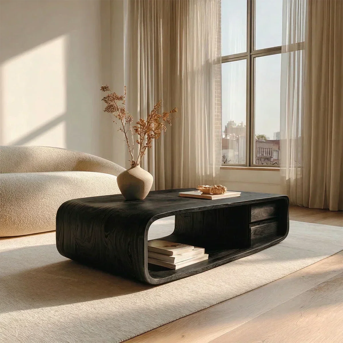 Modern Natural Solid Wood Coffee Table with Drawer and Open Shelf - Rustirawood