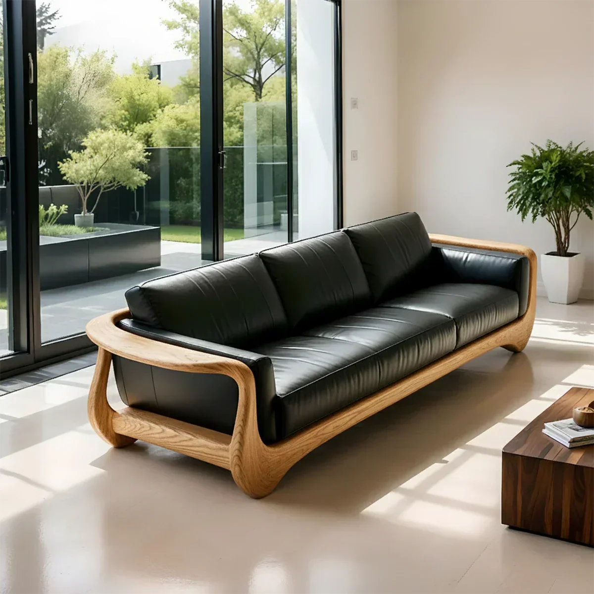 Premium Leather & Natural Solid Wood Sofa – Sculpted Modern Form - Rustirawood