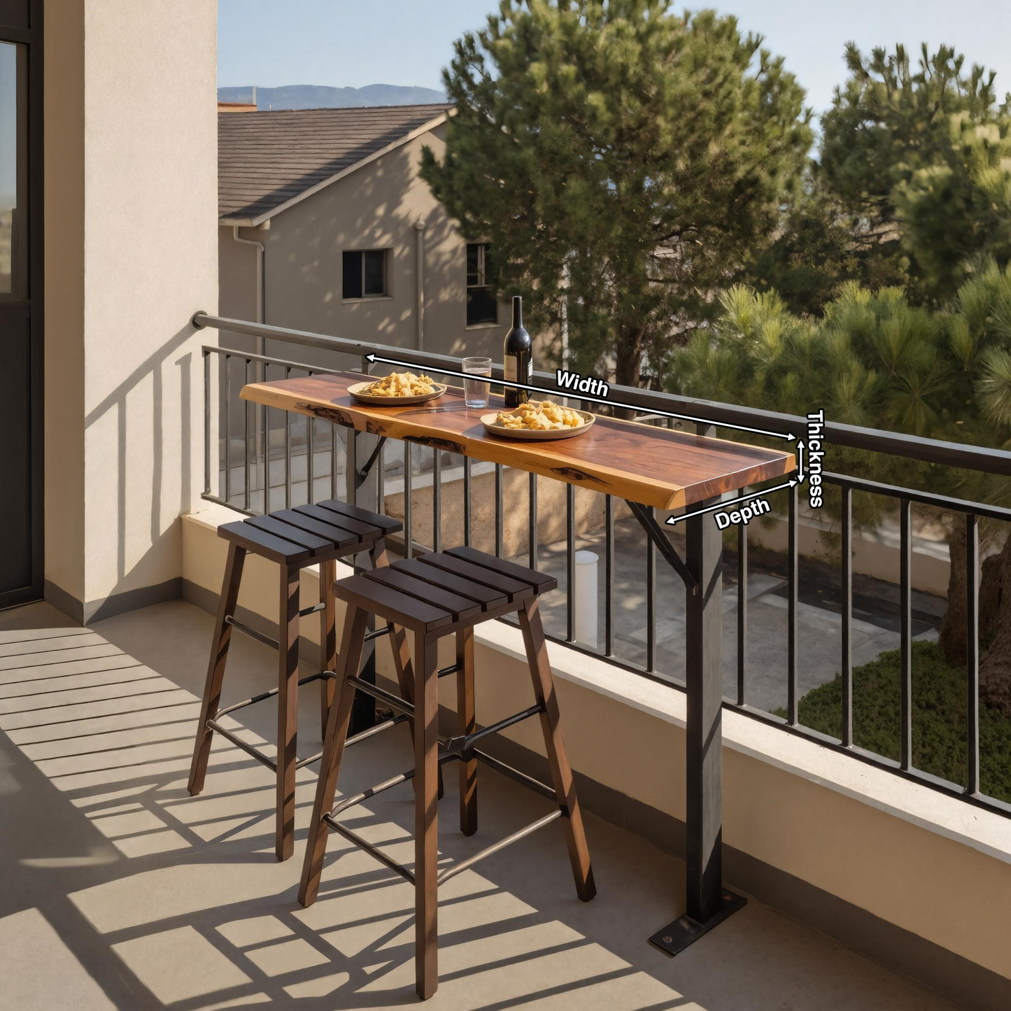 Rustic Live Edge Balcony Bar Table For Rail Mount Patio Or Apartment Deck