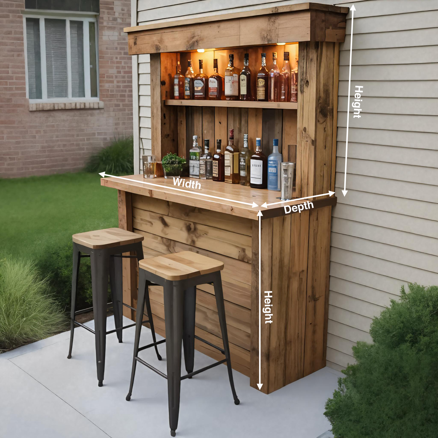 Rustic Wall Mounted Outdoor Bar With Shelves And Lights For Garden Or Patio