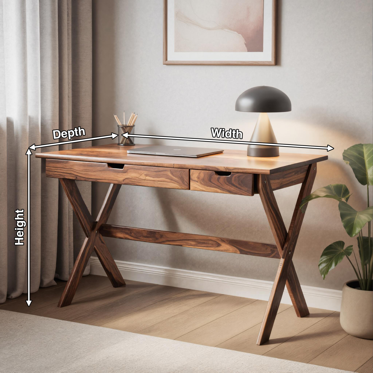 Scandinavian Wooden Desk with X Shaped Legs For Home Office Or Study
