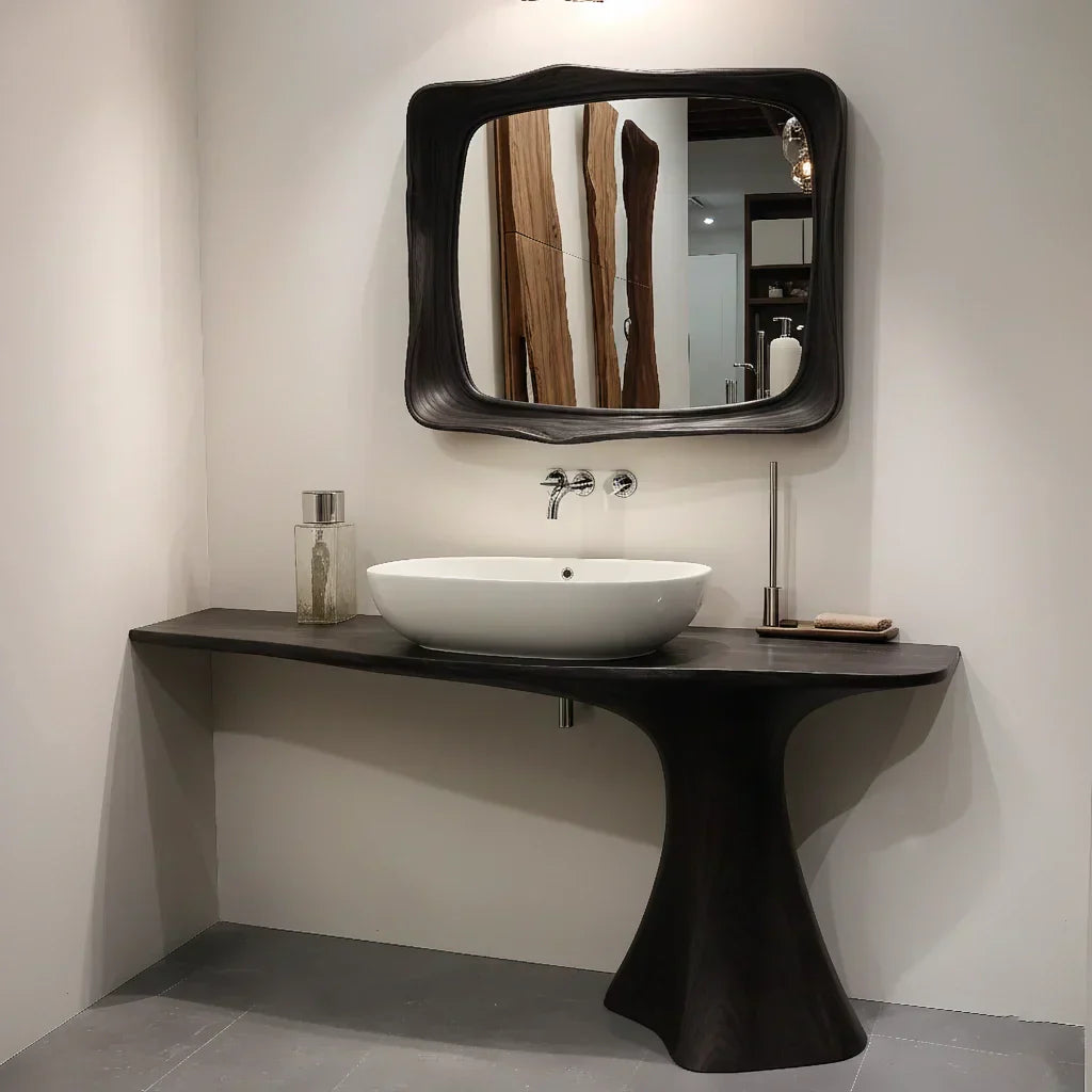 Sculpted Solid Wood Bathroom Vanity With Modern Curved Base - Rustirawood