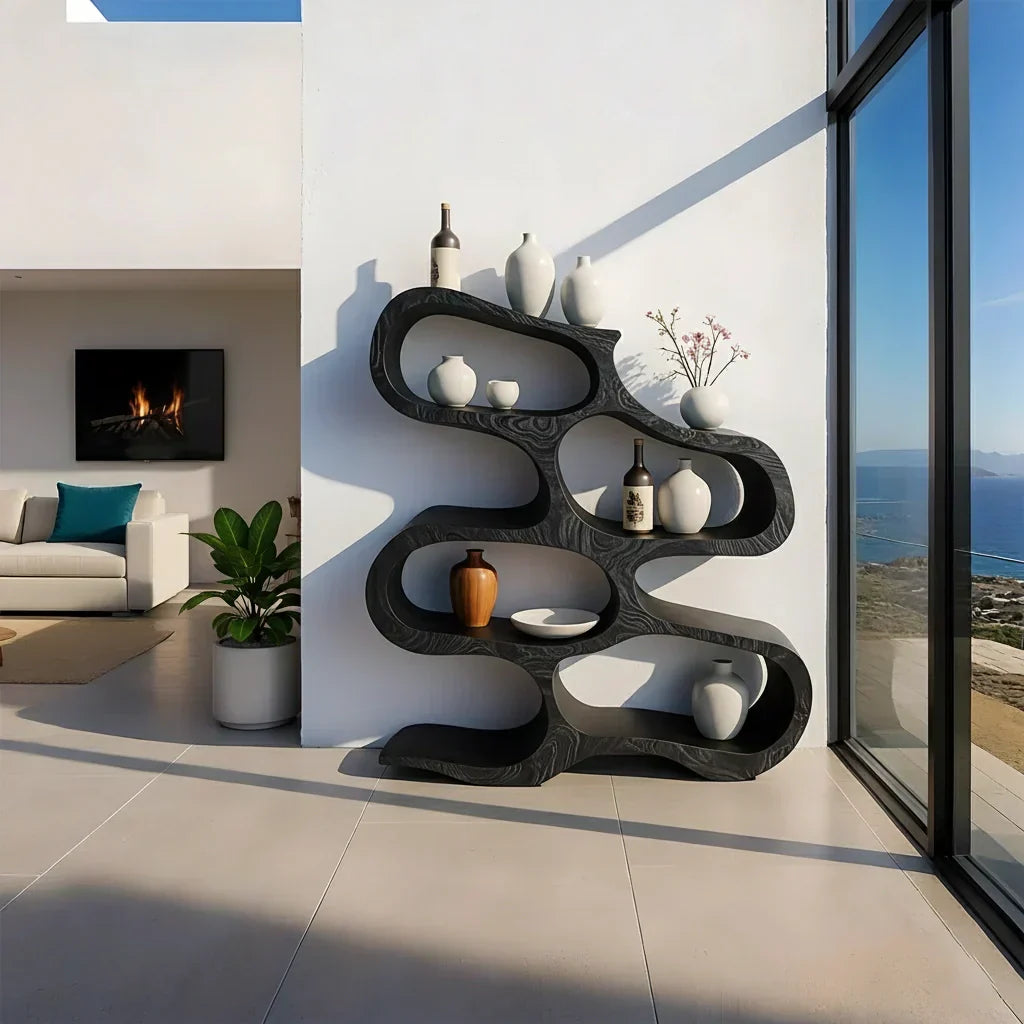 Sculpted Solid Wood Bookshelf – Flowing Wave Edition - Rustirawood