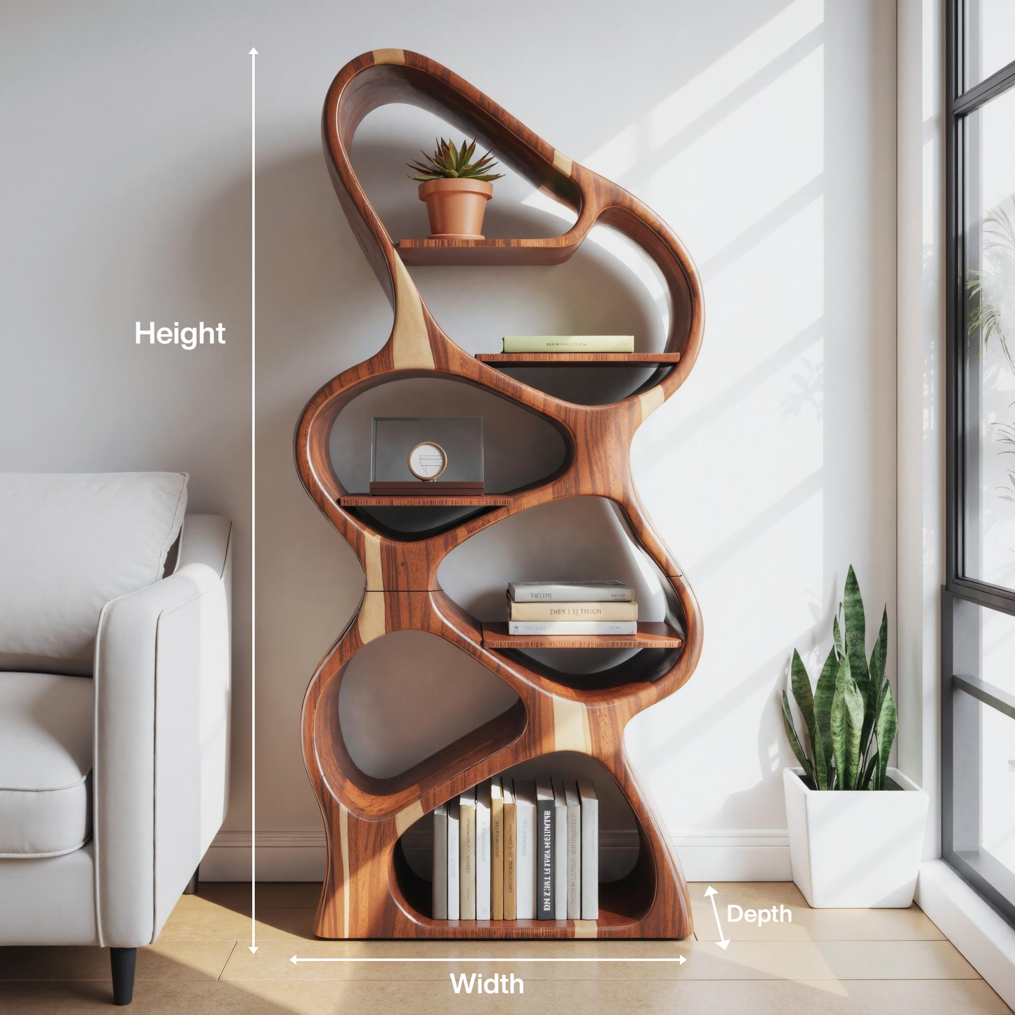 Modern Sculptural Bookshelf With Flowing Shelves For Home Library And Living Room