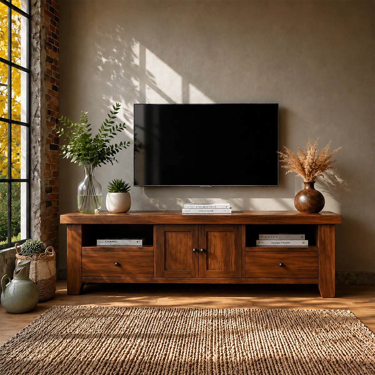 Natural Wood TV Stand with Drawers, Center Cabinet and Open Shelf for Modern Living Room