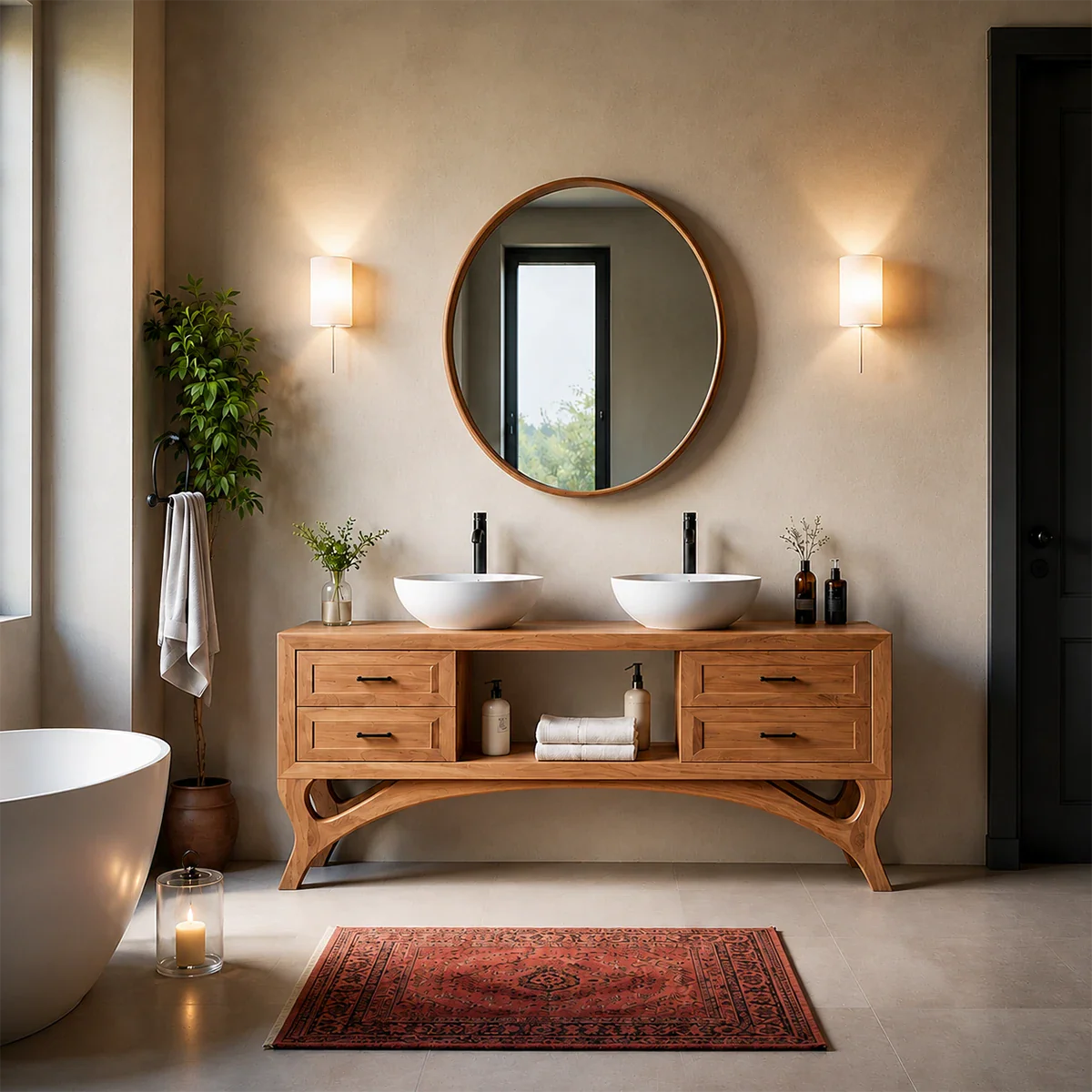 Curved Leg Double Sink Bathroom Vanity Natural Solid Wood Modern