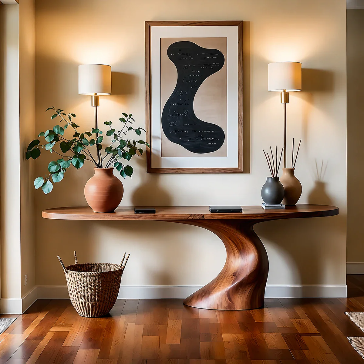 Organic Curve Console Table in Natural Solid Wood for Entryway