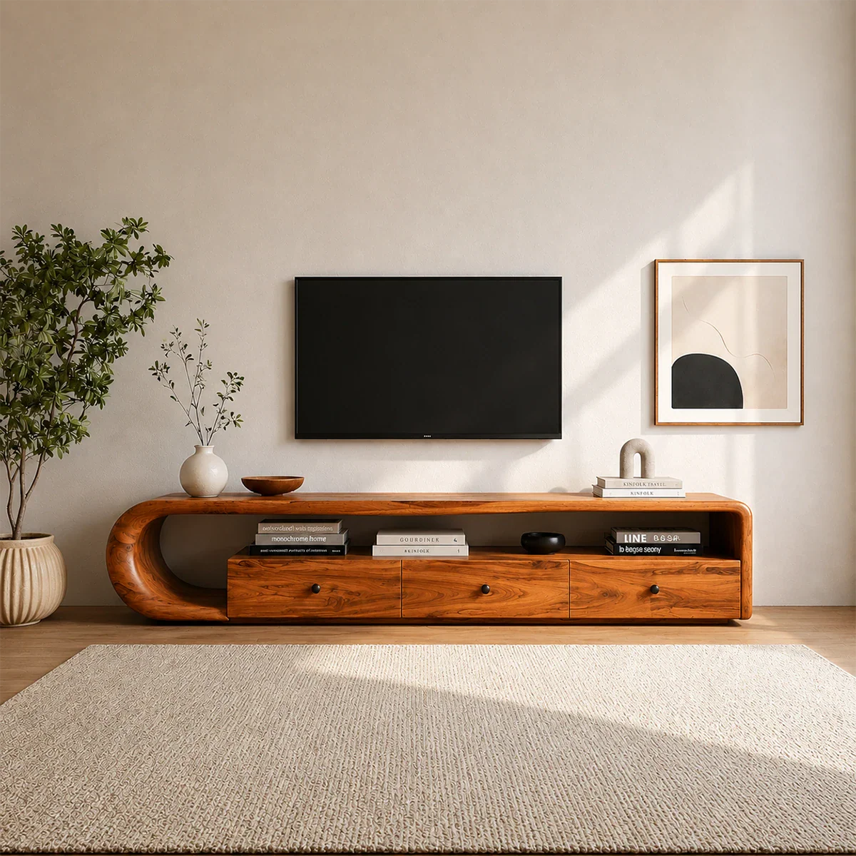 Curved Solid Wood TV Stand with Open Shelf and Drawer Storage Design