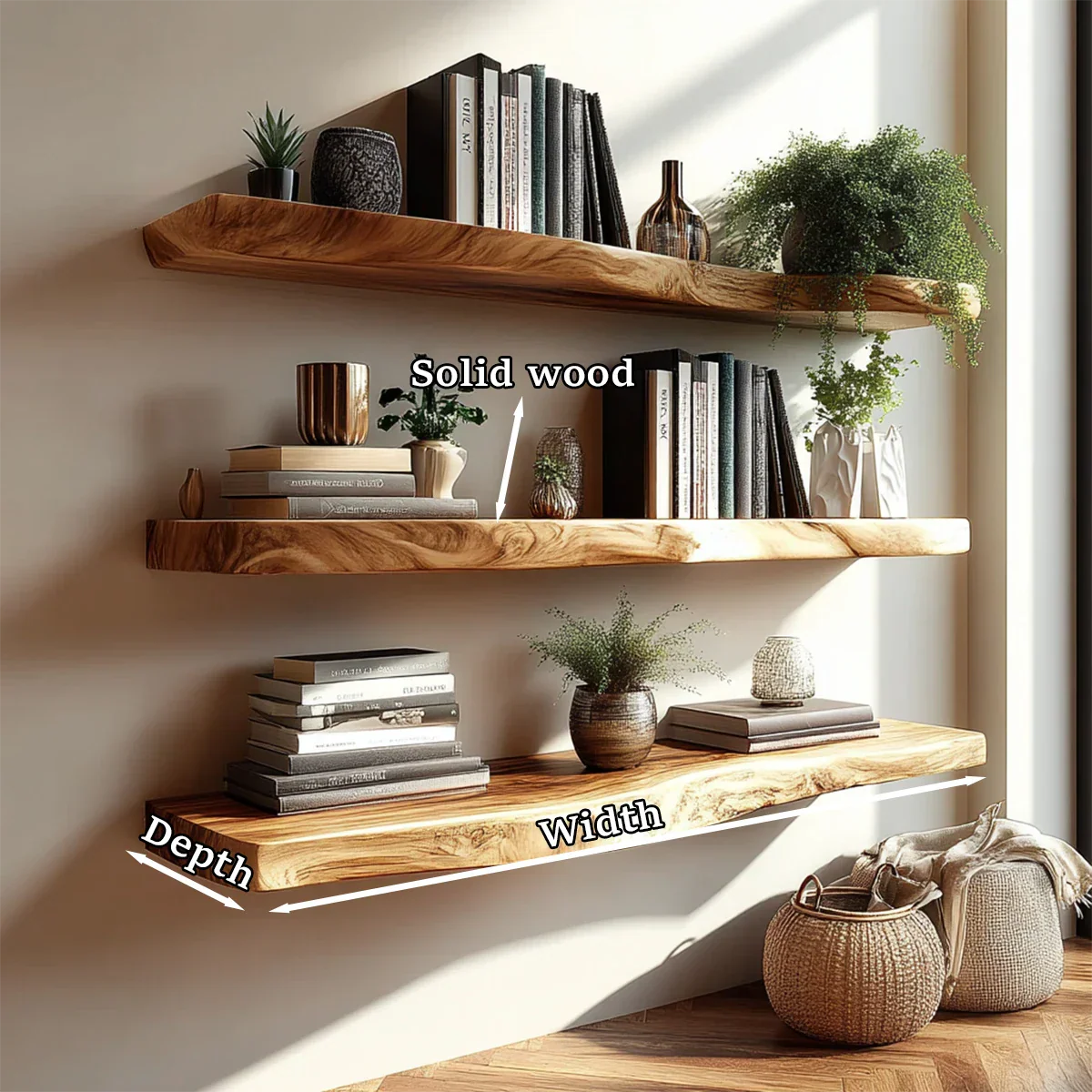 Rustic modern floating shelves displaying natural edge texture and warm oak tone finish