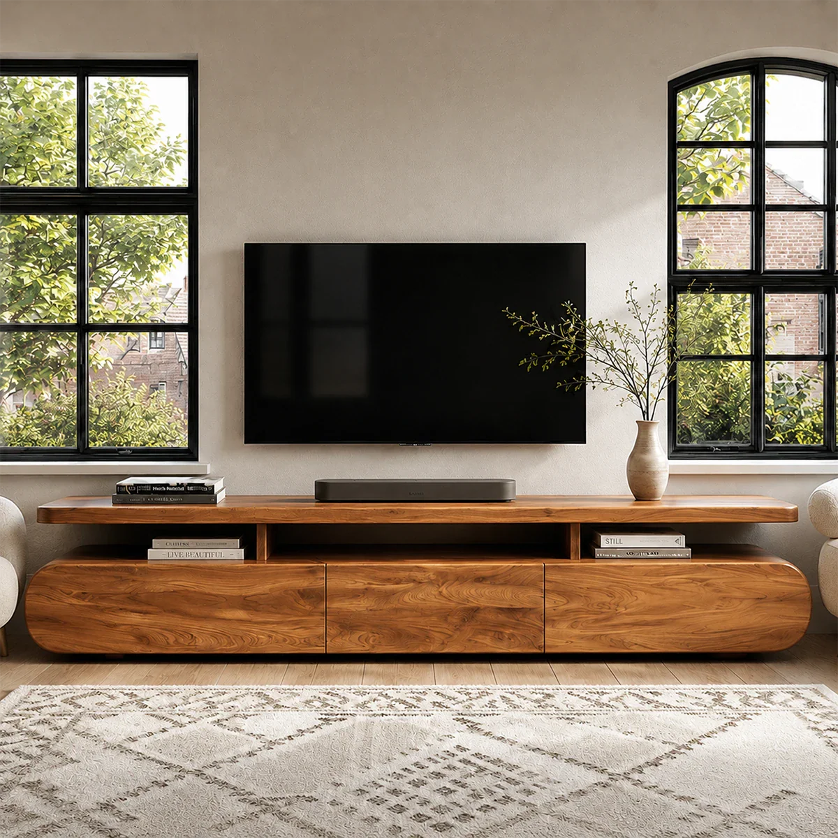 Curved Low Profile TV Stand with Sliding Doors in Natural Solid Wood