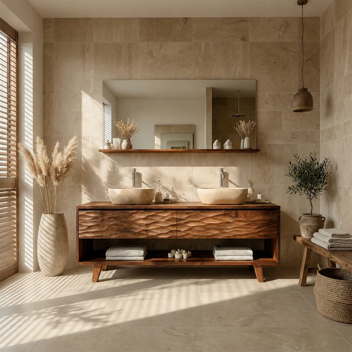 Hand-Carved Natural Solid Wood Double Sink Bathroom Vanity