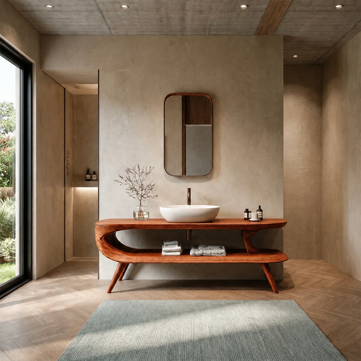 Sculptural Open Shelf Bathroom Vanity Natural Solid Wood Curved Frame