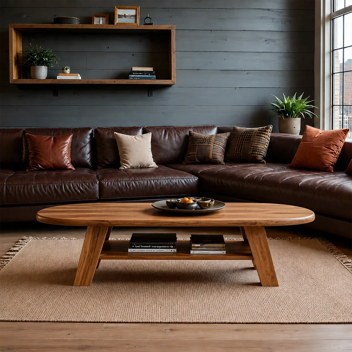 Solid Wood Coffee Table with Oval Shape and Open Shelf Storage