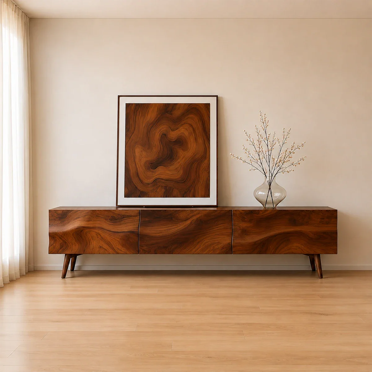 Solid Wood TV Stand with Sculpted Front Panels and Storage Compartments