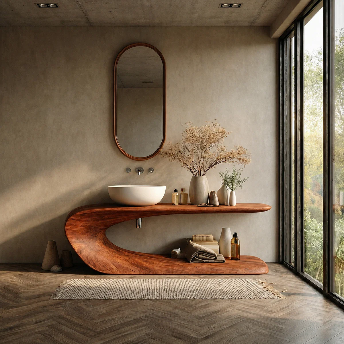 Integrated Shelf Bathroom Vanity Natural Solid Wood Curved Sculptural Form