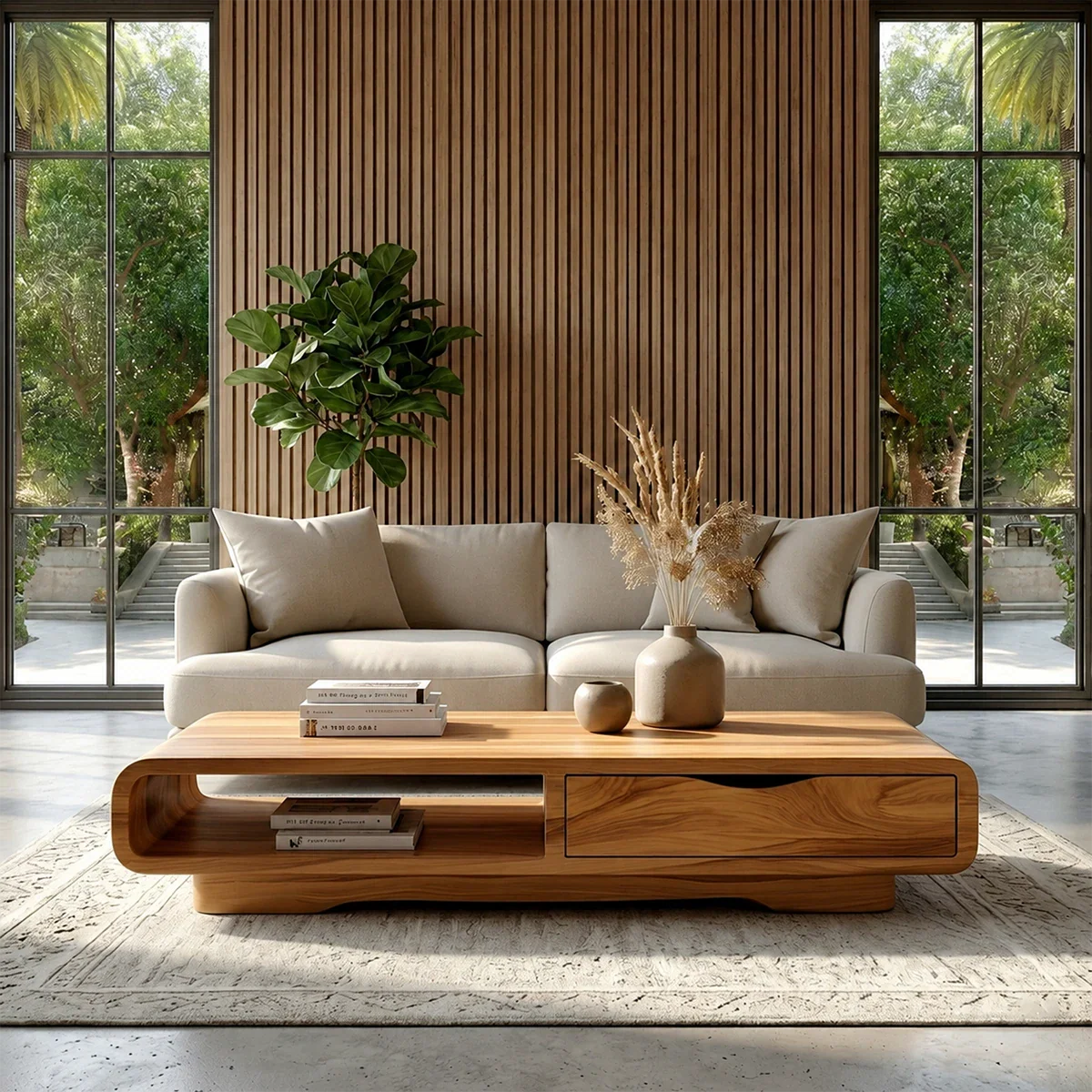 Coffee Table with Drawer and Open Shelf – Natural Wood Table for Modern Living Room
