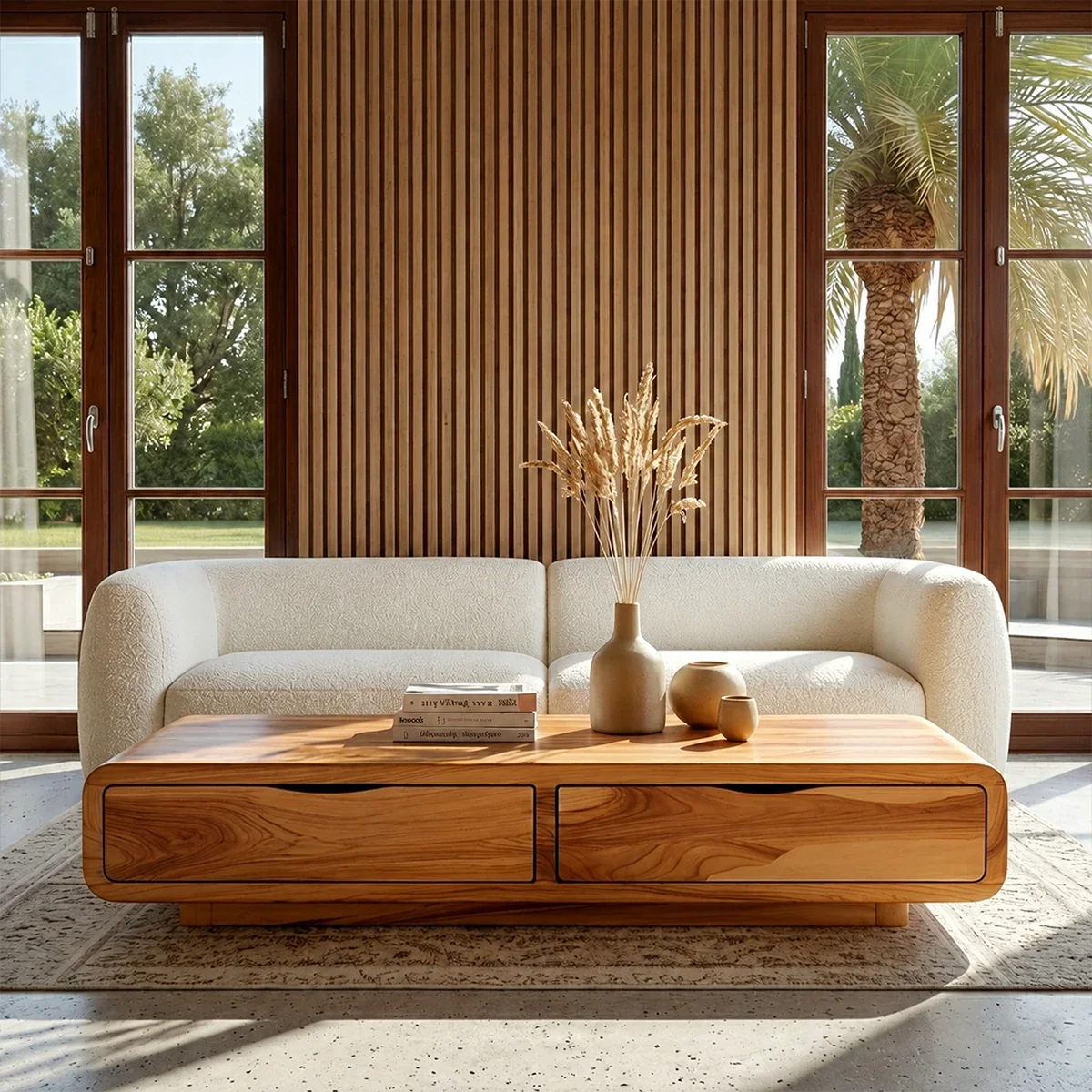 Modern Coffee Table with Storage Drawers – Natural Wood Center Table for Living Room