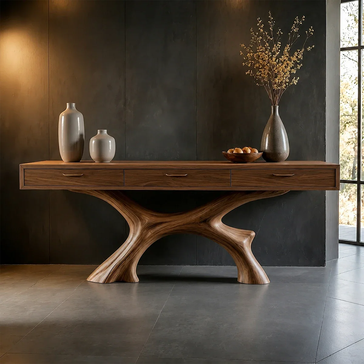 Natural Wood Console Table with Storage Drawers and Open Display Base Design