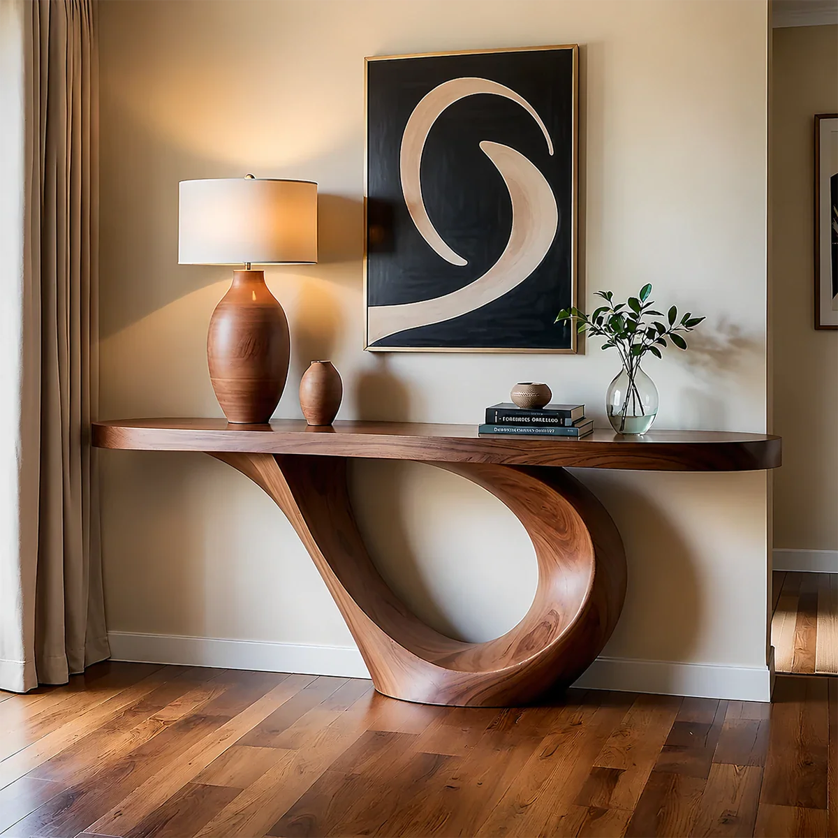 Curved Loop Console Table in Natural Solid Wood for Modern Entryway
