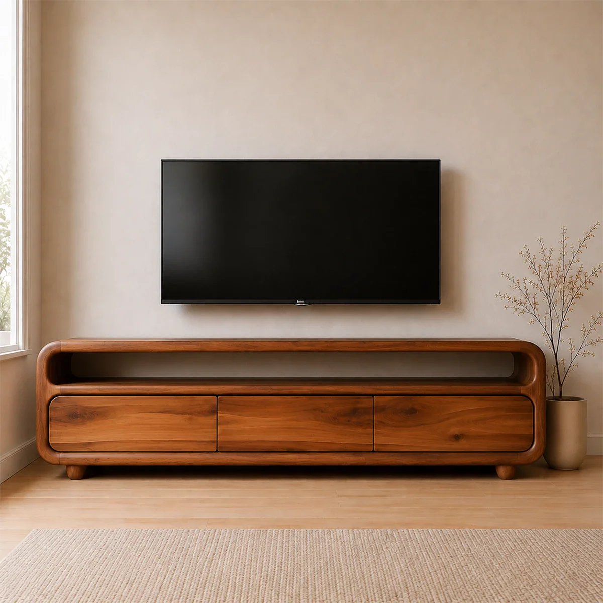 Rounded Sculptural TV Stand Solid Wood Media Console Low Profile