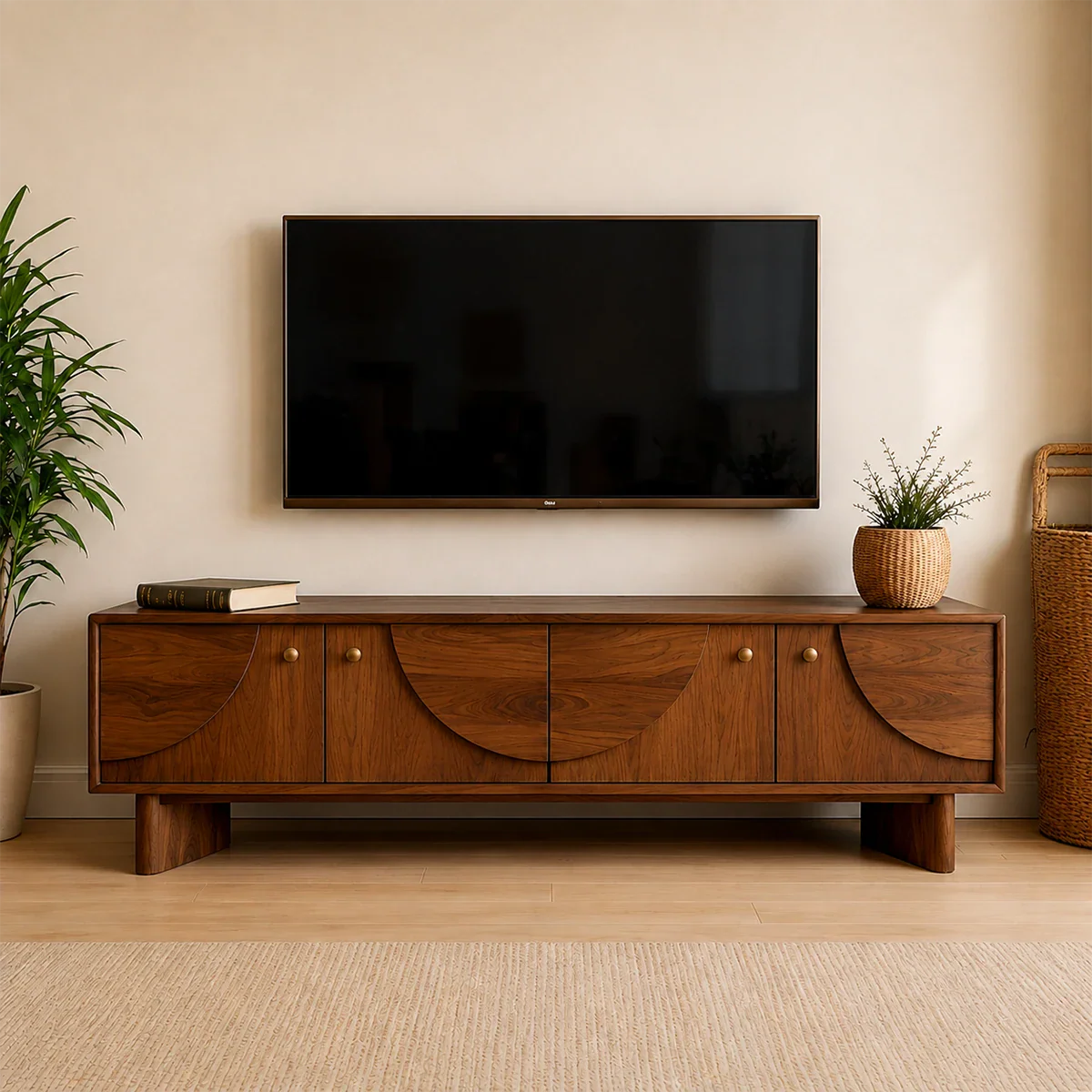 Decorative Panel TV Stand Solid Wood Media Console Storage Cabinet