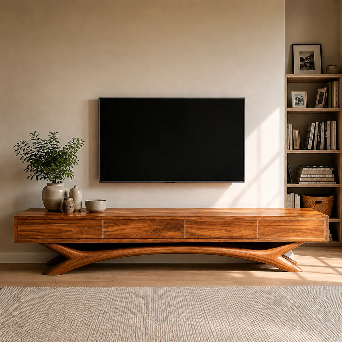 Floating Solid Wood TV Stand with Sculptural Curved Base Design for Living Room