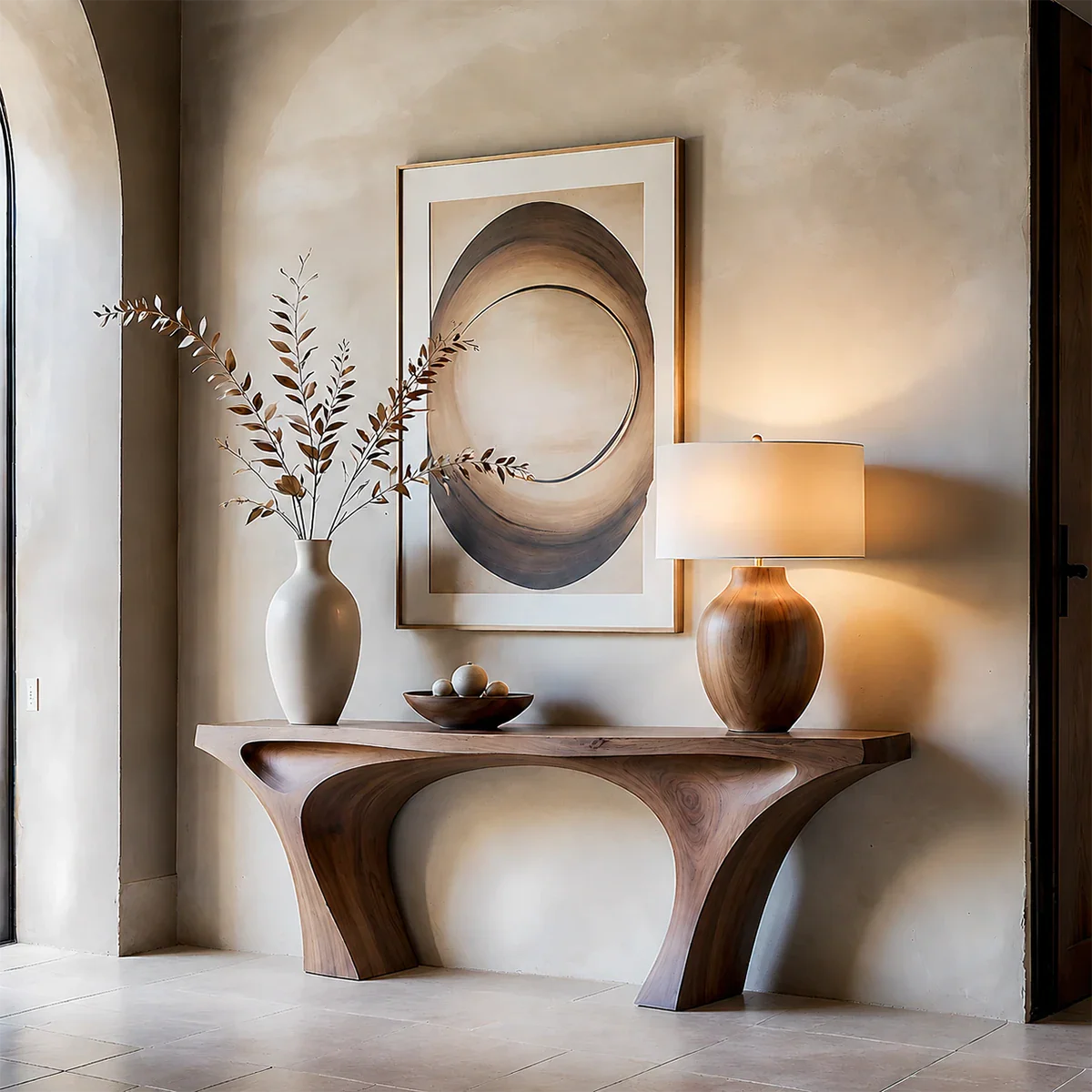 Contemporary Sculptural Console Table Natural Solid Wood Twin Arch Base