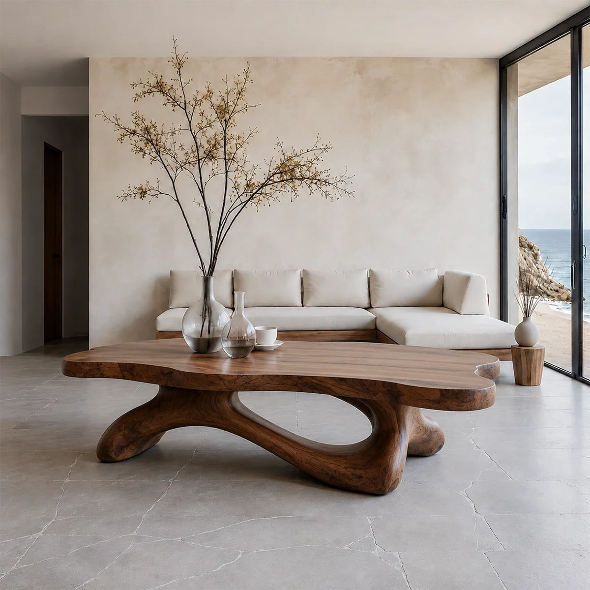 Solid Wood Coffee Table with Live Edge Top and Sculptural Base