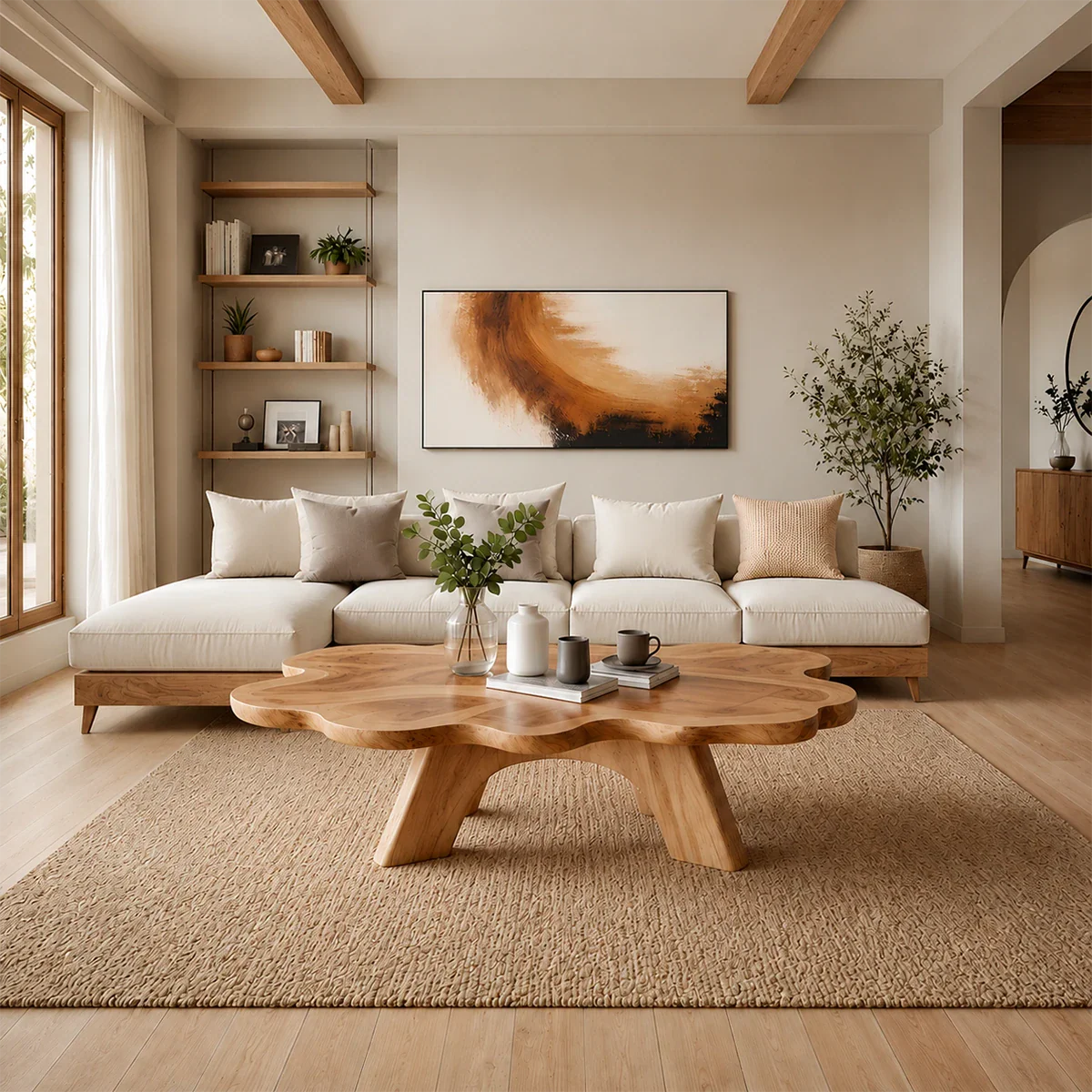Organic Shape Coffee Table – Solid Wood Minimalist Living Room Table