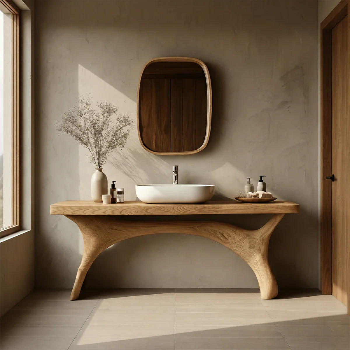 Symmetrical Sculptural Bathroom Vanity Natural Solid Wood Arched Base