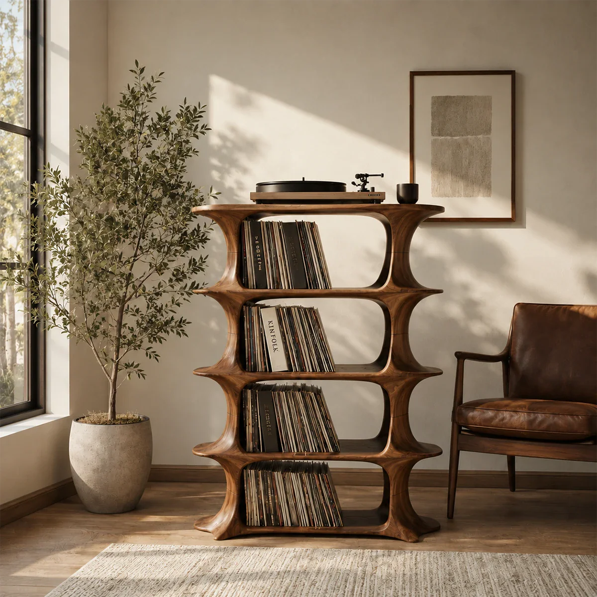 Modern LP storage furniture designed for turntables and organized record collections