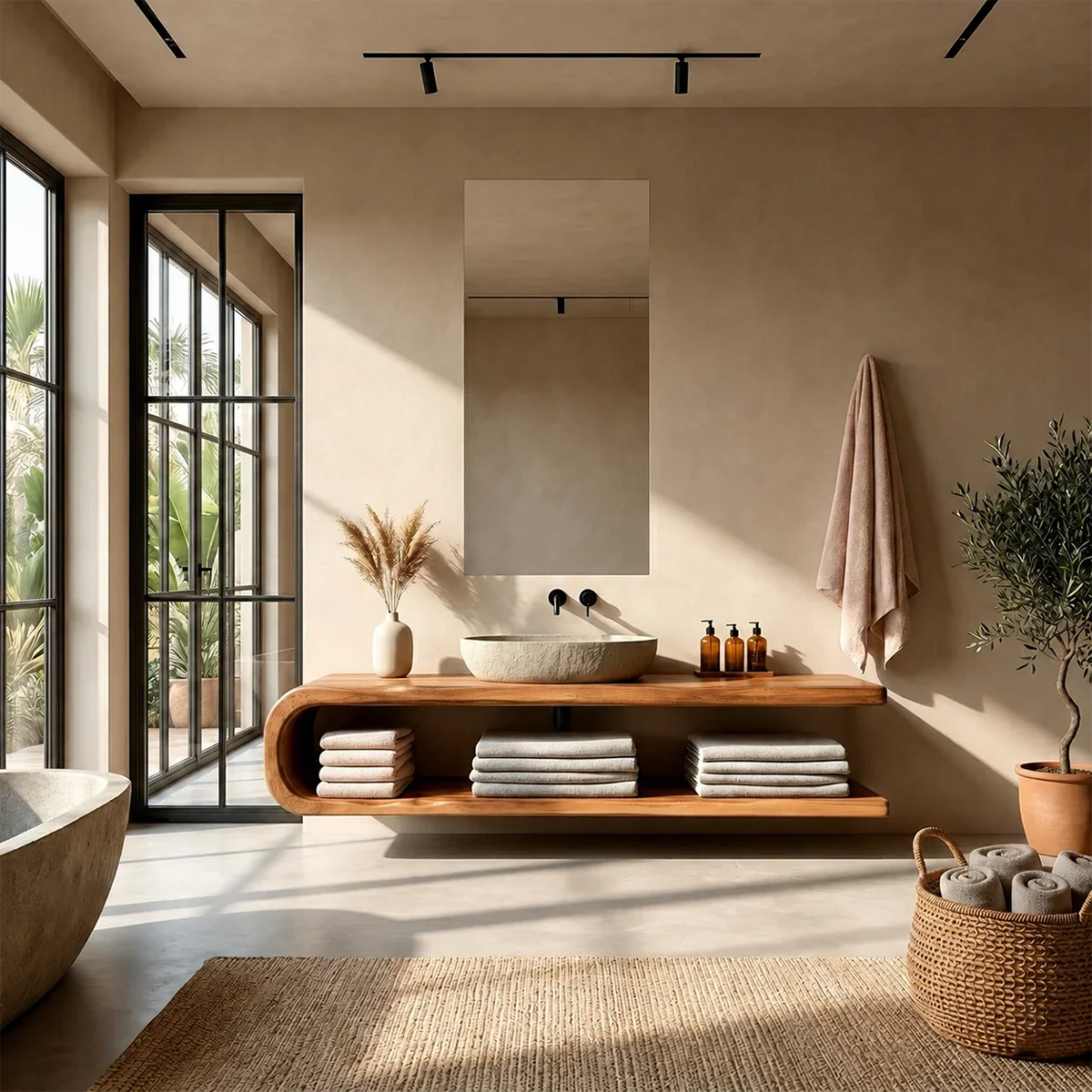 Floating Natural Solid Wood Bathroom Vanity With Open Shelf Storage