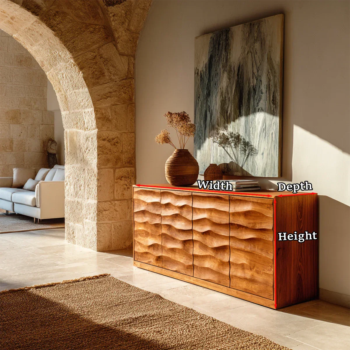 Wooden sideboard with wavy design in a living room setting