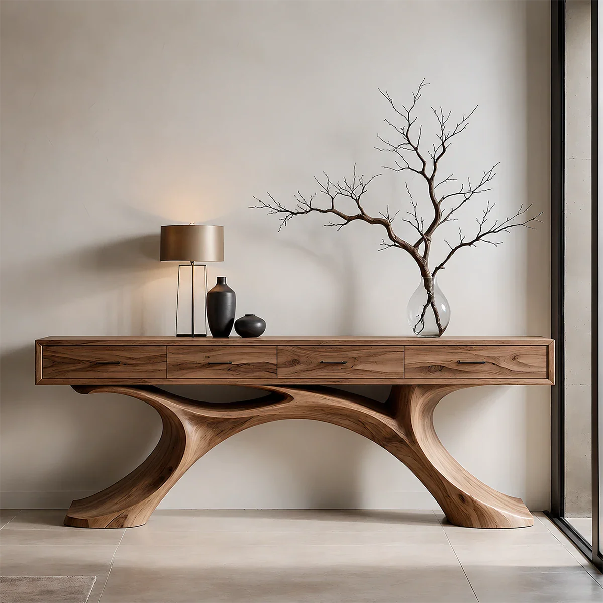 Sculptural Natural Wood Console Table with Drawers for Modern Entryways