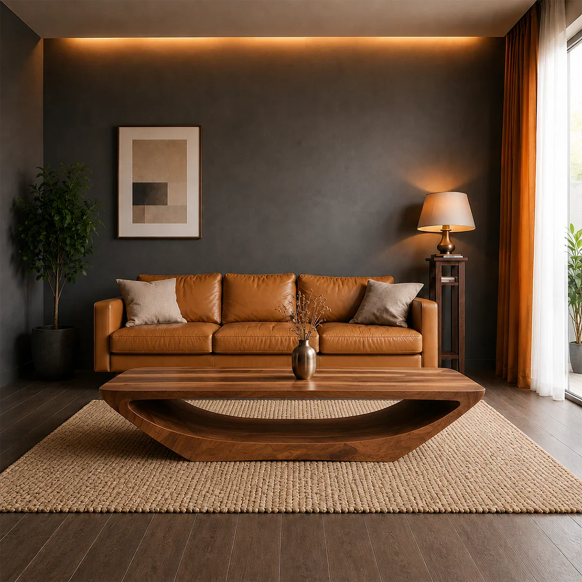 Artistic cocktail table with a distinctive curved base and modern interior character