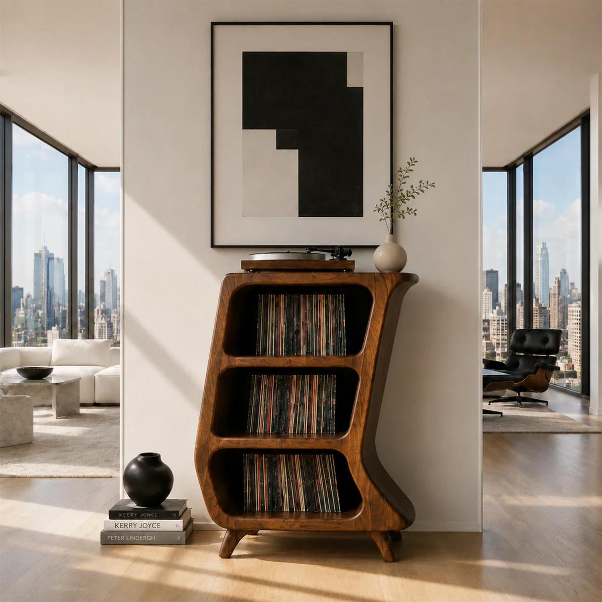 High-end record player furniture with angled shelves for organized vinyl album storage