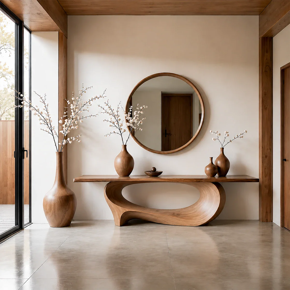 Natural Solid Wood Console Table Sculptural Low Oval Base Design