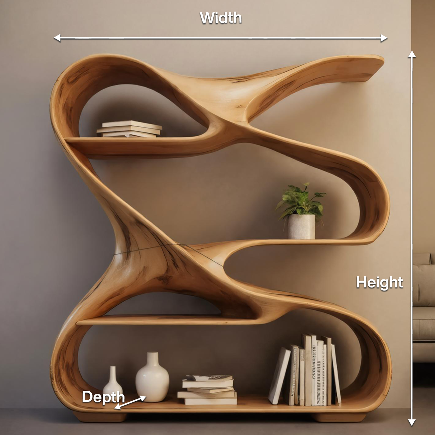 Modern Sculptural Wooden Bookshelf For Living Room Or Office Display