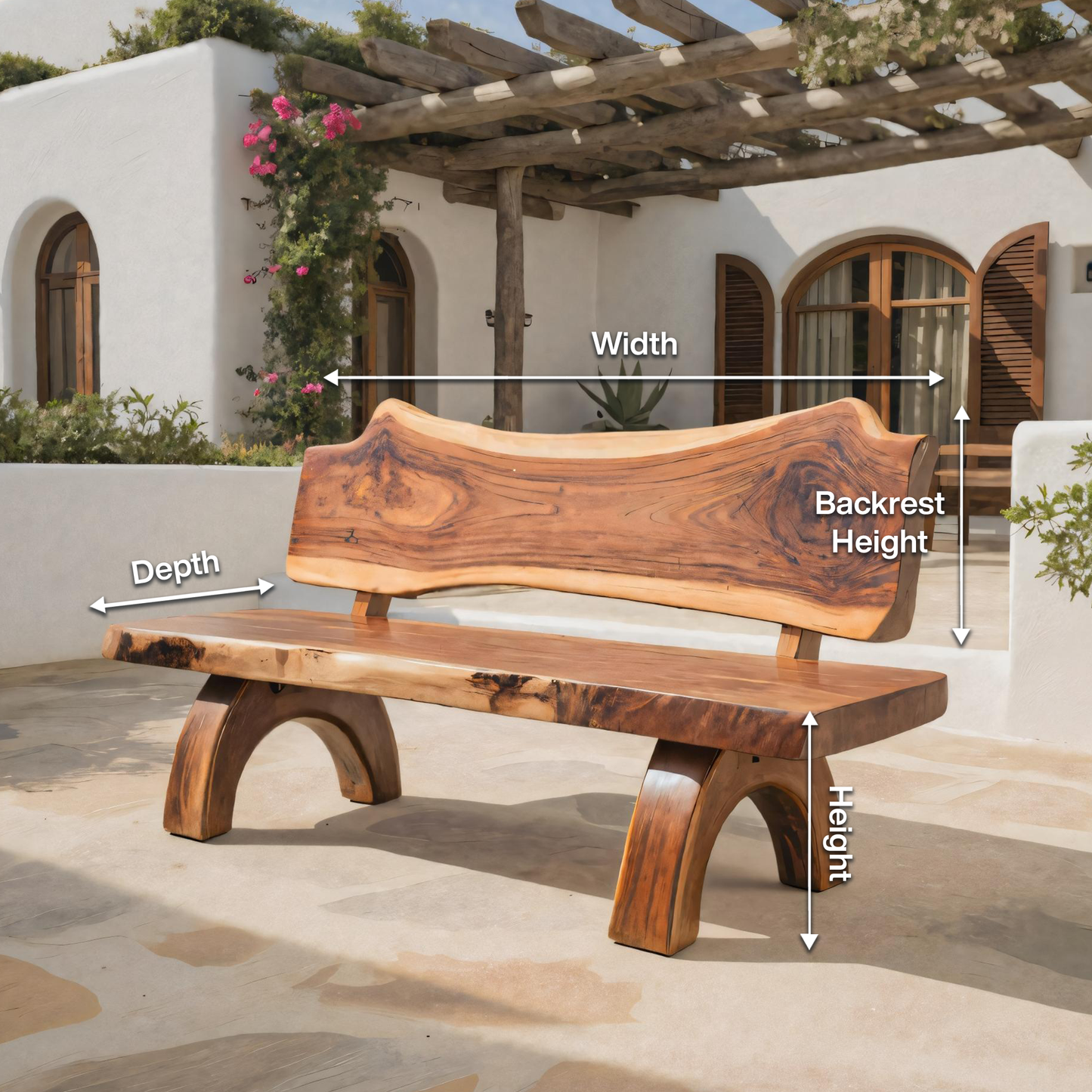 Rustic Live Edge Bench With Backrest For Patio Garden Courtyard