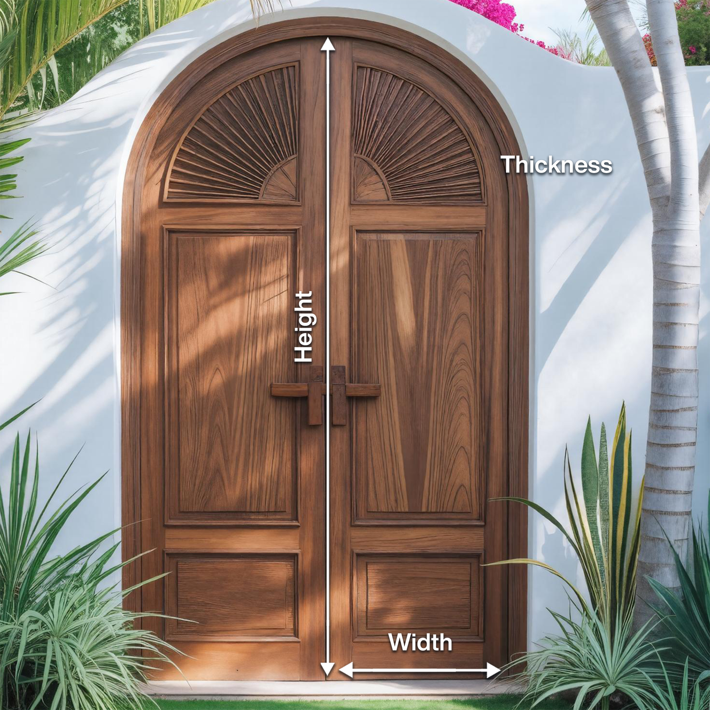 Mediterranean Arched Entry Door With Carved Sunburst For Garden And Villa