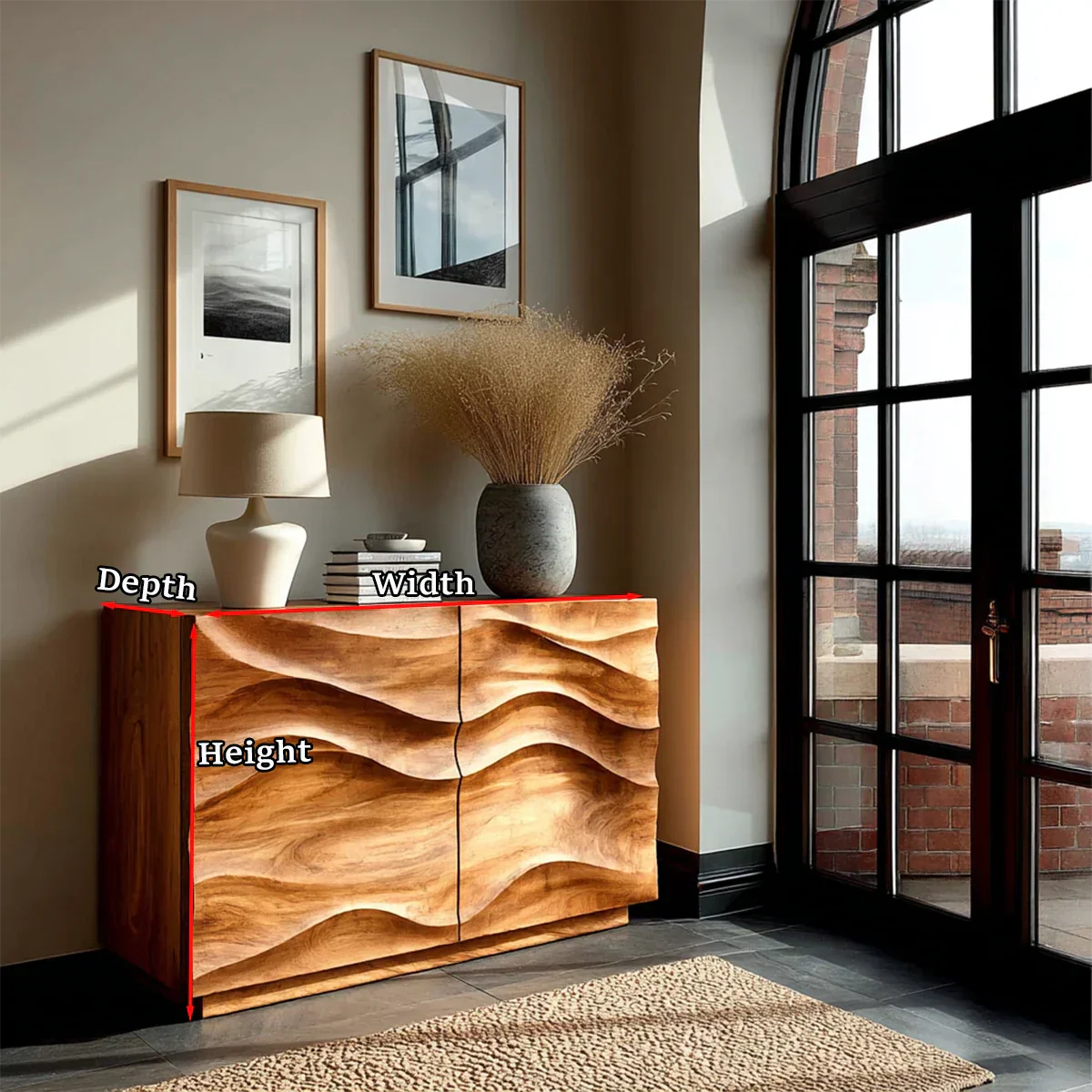 Refined modern sideboard featuring sculpted wave doors and minimalist storage design