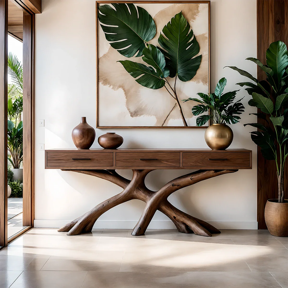 Organic Branch Base Console Table in Natural Solid Wood for Entryway