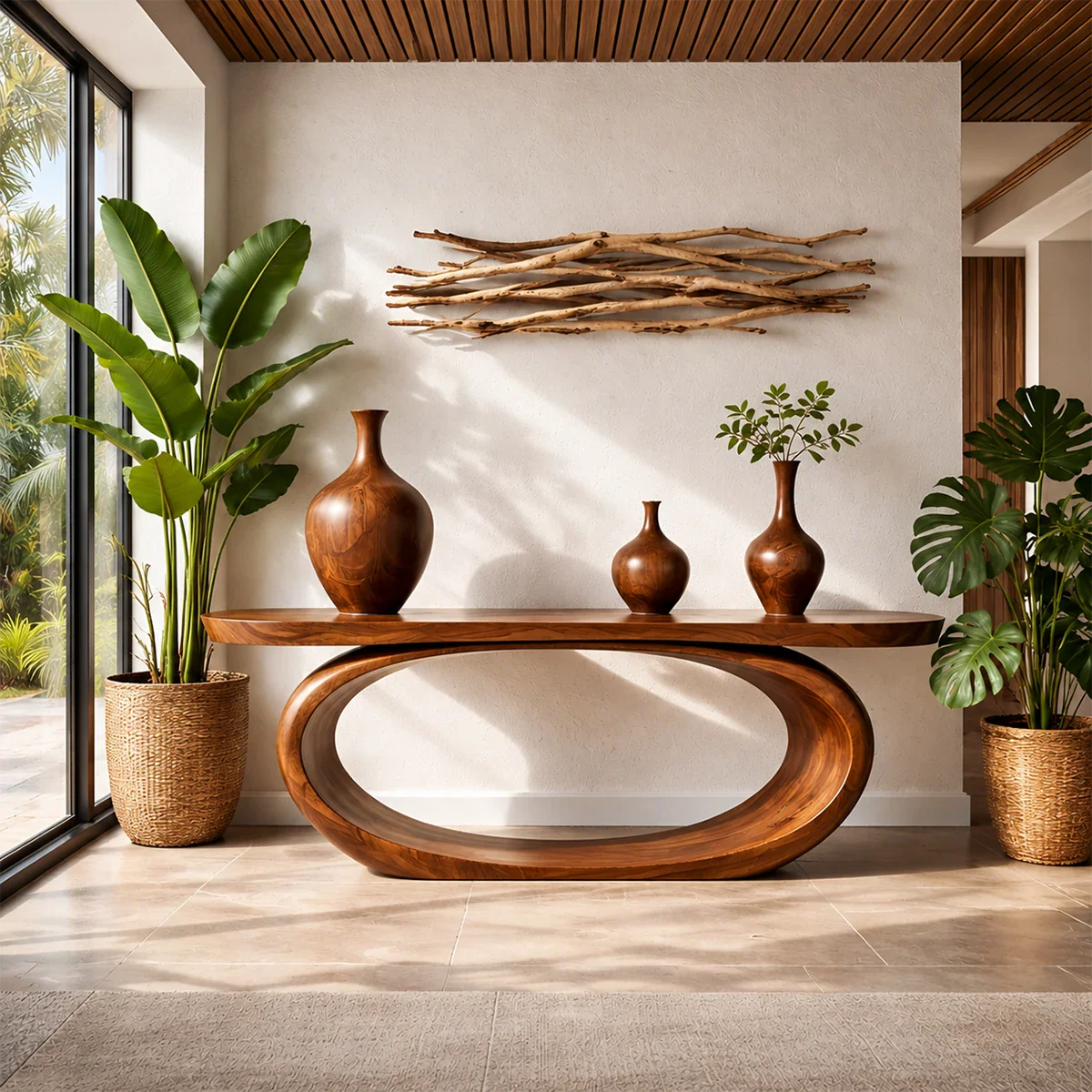 Organic Curve Console Table Natural Solid Wood Entryway Oval Ring Base