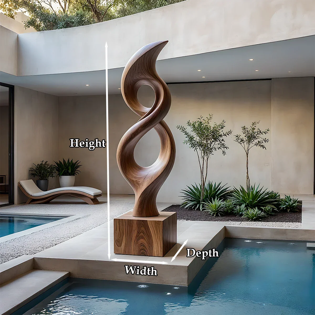 Decorative abstract sculpture designed for modern exterior spaces with walnut tone finish